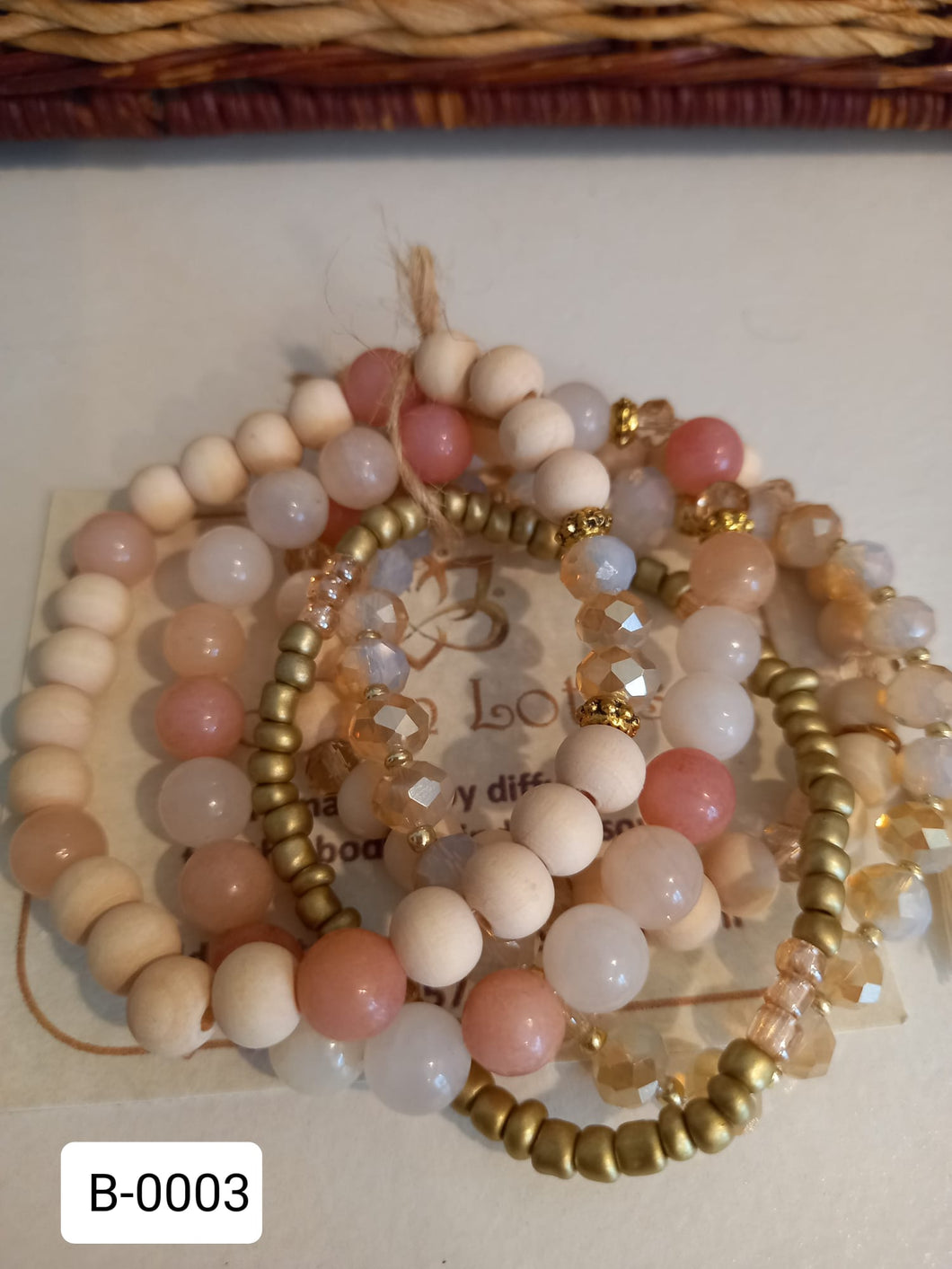 Pink Aventurine, Crystal & Balsa Wood Bracelet Stack