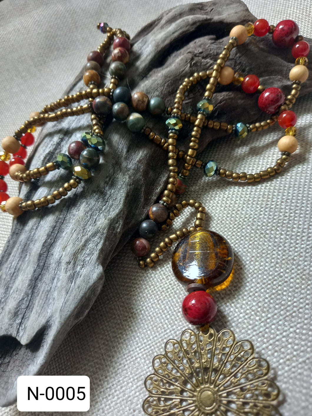 Red Carnelian, Picasso Jasper & Cedar Wood Necklace