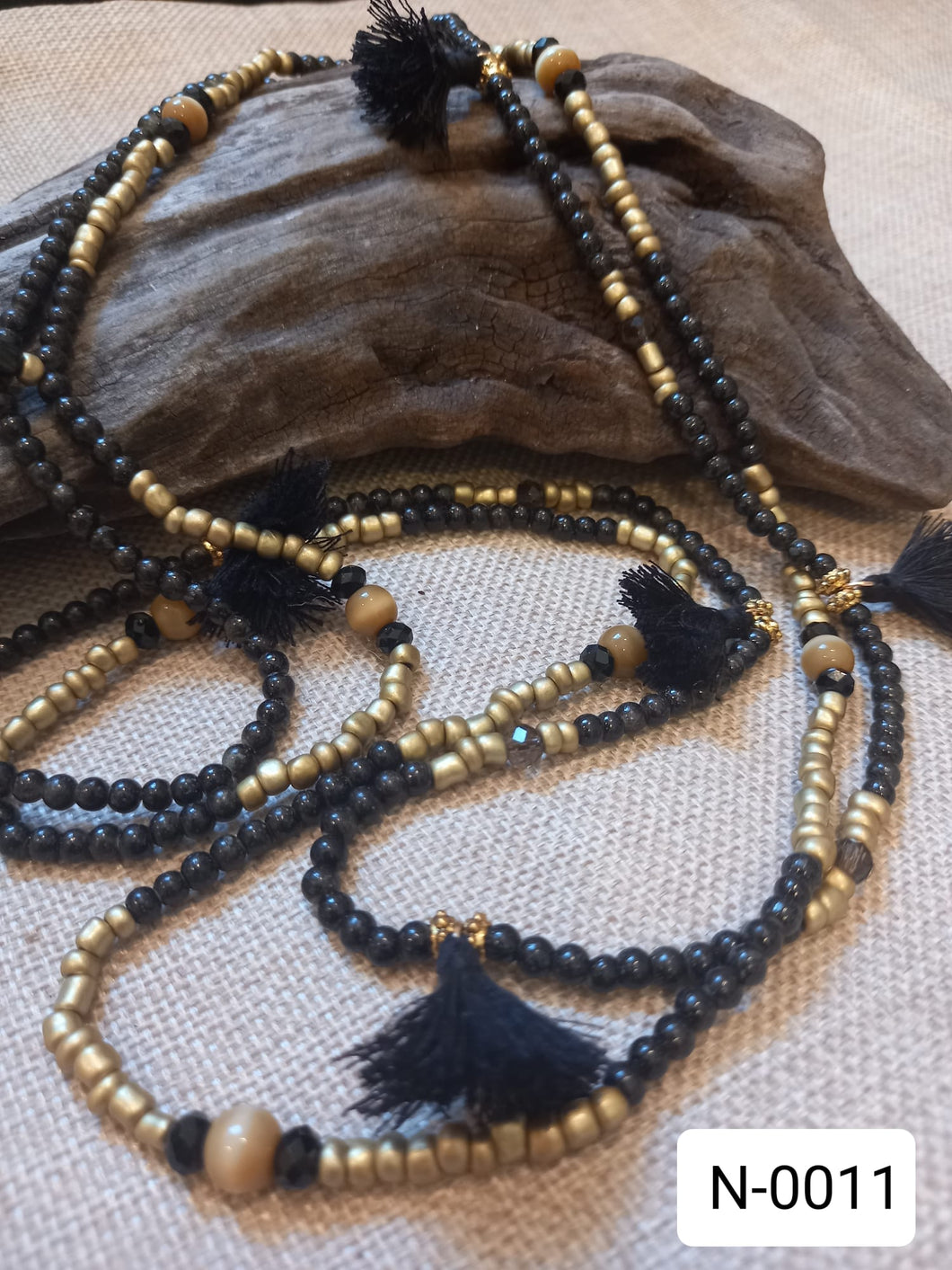 Black and Gold Seed Bead Necklace with Tassles